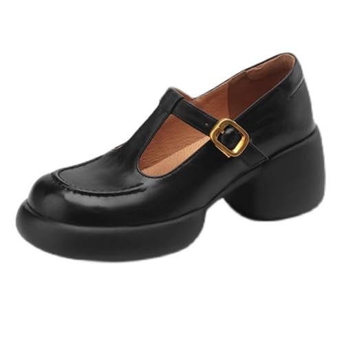 Loafer für Damen: High Heels mit weicher Unterseite und dickem Absatz, T-Schuhe für Frühjahr/Herbst mit Slippern mit Dicker Sohle,Black-36 von WYGGD