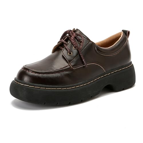 WYGGD Damen-Loafer im Vintage-Stil mit runder Zehenpartie, Schnürung und dickem Absatz für Frühling und Herbst – stilvolle Lederschuhe mit Dicker Sohle,Brown-36 von WYGGD