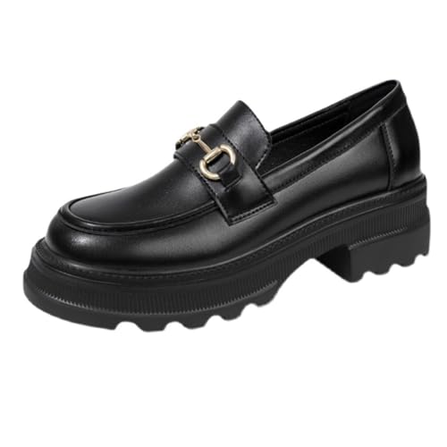 WYGGD Damen Slip-On Loafers Frühling Einzelschuhe Dicke Sohle Zunehmende Höhe Kleine Lederschuhe Für Die Arbeit Im Geschäft,Black-39 von WYGGD