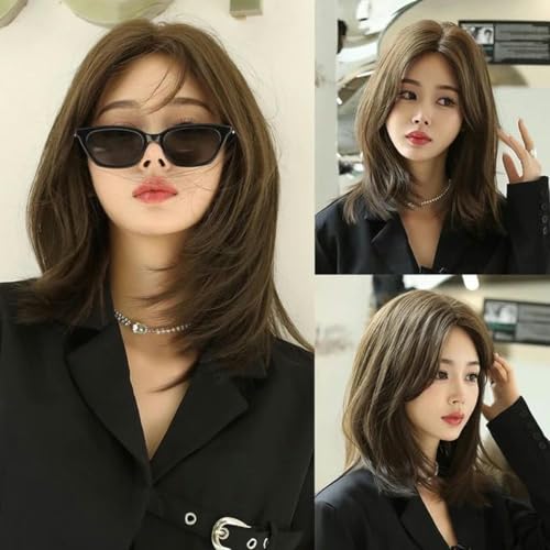 Braune Damenperücke für Frauen, tägliche Partys, kurze, gewellte Perücken, synthetische Perücken mit flauschigem Pony, hitzebeständig, Cosplay-D-144-1 von WYLZBA