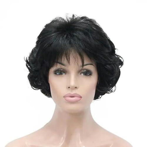 Silbergraue, kurze, gelockte, gewellte Perücke, synthetische, modische Perücke aus braunem Haar für Frauen, Schwarz, 25,4 cm, 1 Stück von WYLZBA