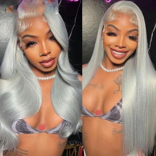 Silbergraue Lace-Front-Perücken aus Echthaar, transparent, 13 x 4 Lace-Perücke, gewellte Lace-Frontal-Perücke für Frauen, Perücke – 55,9 cm – 180 Dichte – 13 x 4 graue Perücke von WYLZBA