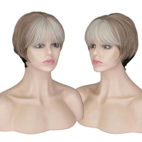 Synthetische Damen-Perücken, gemischte Blond-Braun-Kurzhaarperücken, Naturhaarperücken, hitzebeständige Haarperücke für Damen, Ombre-Silbergrau, 20,3 cm Synthetische Damen-Perücken, gemischte Blond-Braun-Kurzhaarperücken, Naturhaarperücken, hitzebeständige Haarperücke für Damen, Ombre-Silbergrau, 20,3 cm von WYLZBA