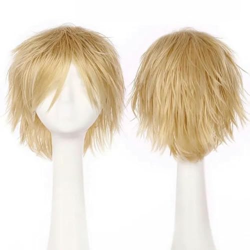 Synthetische kurze Perücke Blau Braun Schwarz Frauen Männer Cosplay Kostüm Party Kopf Perücken Haar-Leinenblond-12 Zoll von WYLZBA