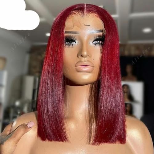 Weinrot 99J Farbe kurzes menschliches Haar transparent 180% Dichte volle 13 x 4 Lace Frontalperücke menschliches Haar für Frauen vorgezupfte Perücke-12 Zoll-13 x 4 Frontalperücke 180-Farbe Weinrot von WYLZBA