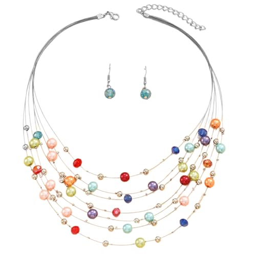 WYLZLKX Elegantes mehrfarbiges Perlenschmuck-Set, festliche Damen-Halskette und Ohrringe mit mehrschichtigen Kristallperlen, Approx.45+5cm/17.72+1.97inches, Kunstperlen-Glas von WYLZLKX
