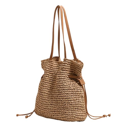 WYLZLKX Große Kapazität Baumwolle gewebte Umhängetasche für Frauen Kordelzug Eimer Taschen Stroh Handtasche mit bequemem Riemen Schultertasche Handtasche, Kaffeebraun, approx. As picture shown von WYLZLKX