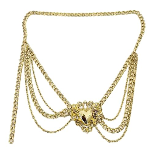 WYLZLKX Taillenkette mit Fransen in Herzform, glänzender Bauchkette, Gürtel für Damen, modische Taillendekoration, eleganter Körperschmuck, Gold von WYLZLKX