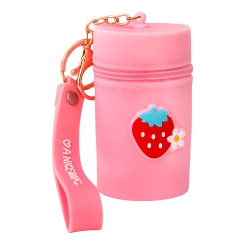 WYLZLKX Tragbare Silikon-Münzbeutel mit Schlüsselanhänger, Cartoon-Lippenstift-Etui, Kleingeldtasche für Damen und Mädchen, fuchsia, As Shown, Blumenerdbeere von WYLZLKX