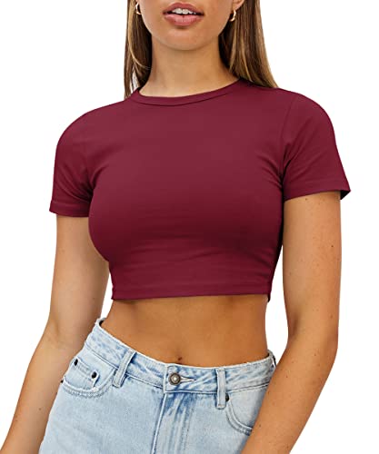 WYNNQUE Crop Tops Niedliches trendiges Basic Enges U-Ausschnitt Crop Kurzarm Crop Top für Frauen oder Teenager Mädchen, Weinrot, Mittel von WYNNQUE