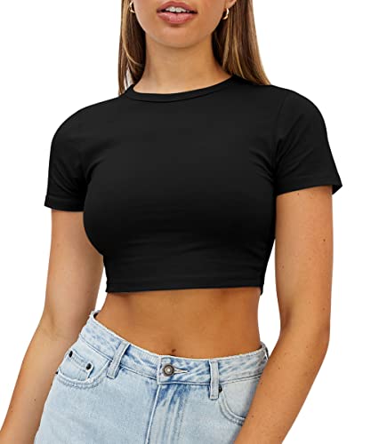 WYNNQUE Crop Tops für Damen, niedliches Sommer, U-Ausschnitt, Basic-T-Shirts, schmale Passform, trendige Kurzarm-T-Shirts für Teenager-Mädchen 2023, Schwarz, Groß von WYNNQUE