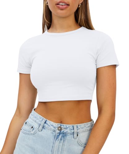 WYNNQUE Crop Tops für Damen, niedliches Sommer, U-Ausschnitt, Basic-T-Shirts, schmale Passform, trendige Kurzarm-T-Shirts für Teenager-Mädchen 2023, Weiss/opulenter Garten, Groß von WYNNQUE