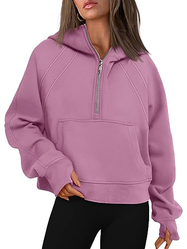 WYNNQUE Damen Pullover mit Viertelreißverschluss, bauchfrei, lange Ärmel, Fleece, halber Reißverschluss, Sweatshirts, Herbst-Outfits, Kleidung, Dunkelrosa, S von WYNNQUE