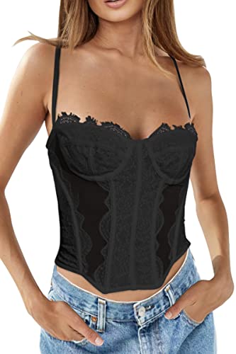 WYNNQUE Damen Sommer Spitze Bustier Mesh Sexy Vintage Spaghettiträger Offener Rücken Knochen Korsett Ausgehen Party Crop Top, Schwarz, Small von WYNNQUE