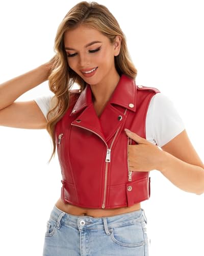 Kunstleder Weste Für Frauen Reißverschluss Cropped Ärmellos Biker Moto Slim PU Motorrad Weste, 068 Rot, S von WYOYW