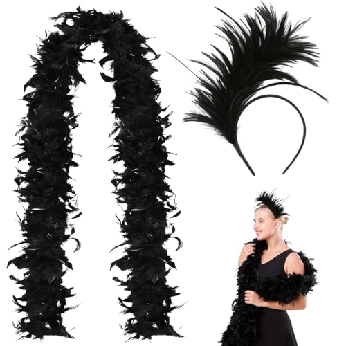 Larryhot Schwarze Federboa, Eleganter Kopfschmuck mit Schwarzen Federn Feder Haarschmuck für Damen,Schicker Fascinator Haarreif Ideales Accessoire für Partys und besondere Anlässe von WYRGQIQN