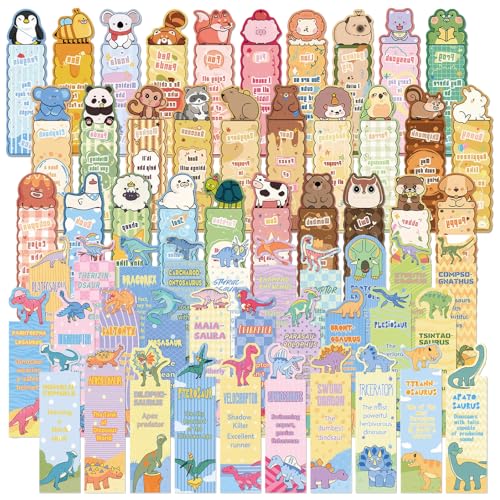 Lesezeichen Kinder Tiermotive Set 60 Stück – Pappkarton Tier- und Dinosaurier-Designs – Bunt & Lustig – Geschenkidee Schule Geburtstag – Ideal für Bücherfreunde & Schüler – Robust und Prakti von WYRGQIQN