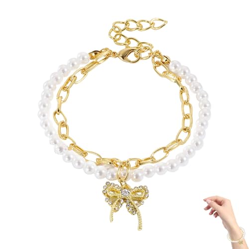 Perlenarmband Damen mit echten Süßwasserperlen – elegantes Armband mit goldener Schleife – verstellbare Länge – Weiß – für Alltag, Party, Geschenkidee von WYRGQIQN