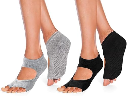 Pilates Socken Damen rutschfest kurz atmungsaktiv mit Zehenöffnung 2 Paar schwarz Größe 34-39 von WYRGQIQN