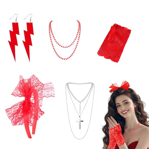 WYRGQIQN Damen 80er Jahre Outfit Accessoires Set+Kostüm Zubehör Retro Stil+5-teilig+Handschuhe Kette Stirnband Ohrringe+Rot und Silber von WYRGQIQN