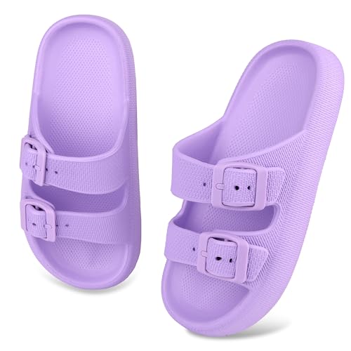 Kinder Cloud Slides Jungen Mädchen Einstellbare Doppelte Schnalle Eva Flache Sandalen Sommer-Kissen-Pantoffeln Dusche Strand Pool Schieber Lila 38EU von WYSFLY
