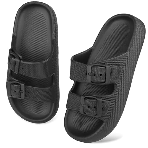 Kinder Cloud Slides Jungen Mädchen Einstellbare Doppelte Schnalle Eva Flache Sandalen Sommer-Kissen-Pantoffeln Dusche Strand Pool Schieber Schwarz 35EU von WYSFLY