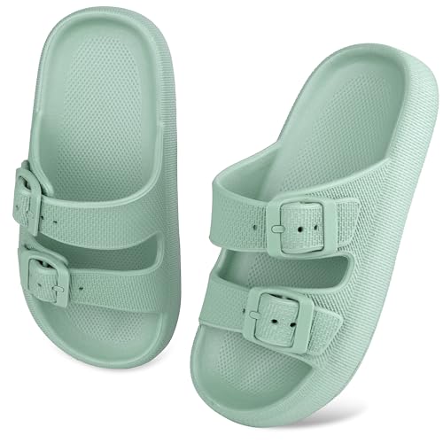 Kinder Cloud Slides Jungen Mädchen Einstellbare Doppelte Schnalle Eva Flache Sandalen Sommer-Kissen-Pantoffeln Dusche Strand Pool Schieber Grün 37EU von WYSFLY