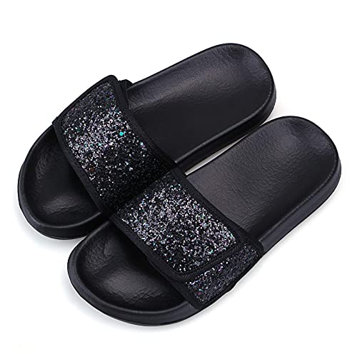 WYSFLY Mädchen Glitter Slider Mode Sommer Hausschuhe Rutschfeste Sandalen Leichte Strand Pool Schuhe für Indoor Outdoor Schwarz 36EU von WYSFLY