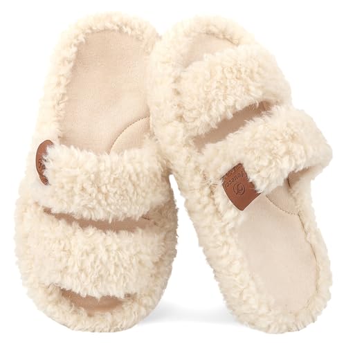 WYSFLY Mädchenslipper Knaben Hausschuhe mit offener Spitze Plüschobermaterial Gummisohle Flauschige Hausschuhe für drinnen Beige 35 EU von WYSFLY
