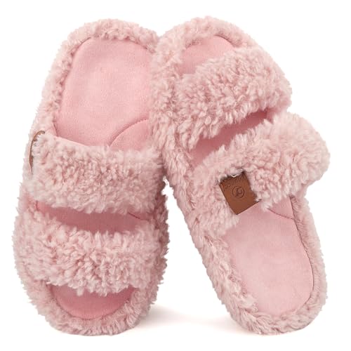 WYSFLY Mädchenslipper Knaben Hausschuhe mit offener Spitze Plüschobermaterial Gummisohle Flauschige Hausschuhe für drinnen Rosa 34 EU von WYSFLY