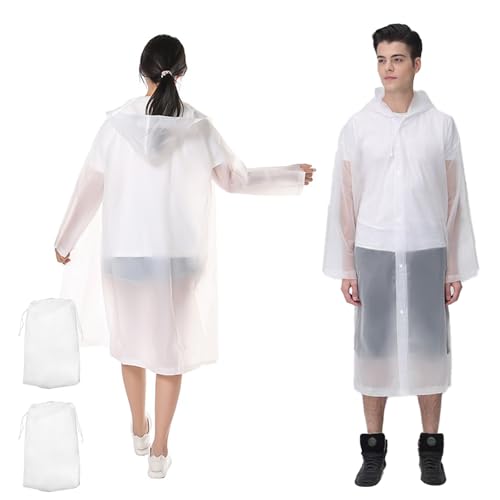 2 Stück Regenponcho Damen Herren Wasserdicht, Wiederverwendbarer Regenmantel mit Hut, EVA Wasserdicht Regencape, Tragbarer Poncho Regen, Weißer Regenmantel mit Kordelzug für Wandern Camping von WYTNB