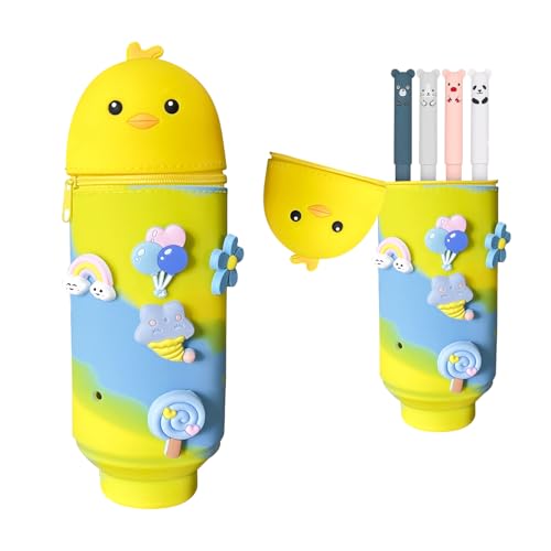 WYTNB 2-in-1 Weiche Silikon Tasche, Tier Silikon Stifthalter, Klappbarer Weicher Federmäppchen, Stand Up Federmäppchen mit Wischbarem Stift, Niedliche Stifte Mäppchen für Schule Büro (Gelb) von WYTNB