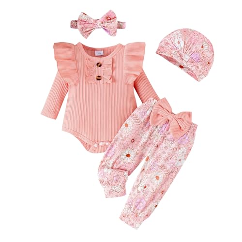 WYTbaby 4Pcs Neugeborenes Baby Mädchen kleidung Langarm Babykleidung Set Blumen Rüschen Tops+Elastische Taille Lange Hosen für Baby Mädchen 12-18 Monate von WYTbaby