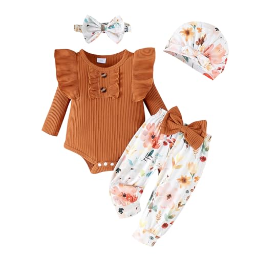 WYTbaby 4Pcs Neugeborenes Baby Mädchen kleidung Langarm Babykleidung Set Blumen Rüschen Tops+Elastische Taille Lange Hosen für Baby Mädchen 6-12 Monate von WYTbaby