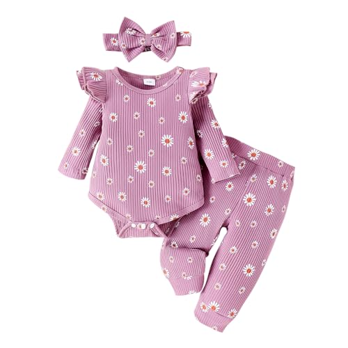 WYTbaby Baby Kleidung Mädchen Langarm Babykleidung Set Herbst Winter Strampler Blumen Rüschen Tops+Elastische Taille Lange Hosen für Neugeborene Baby Mädchen 9-12 Monate von WYTbaby