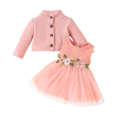 WYTbaby Baby Mädchen Kleid und Strickjacke Herbst Baby Kleid Set, Floral Print Ärmelloses Kleider Outfits für Baby Mädchen 12 Monate-18 Monate,Rosa von WYTbaby
