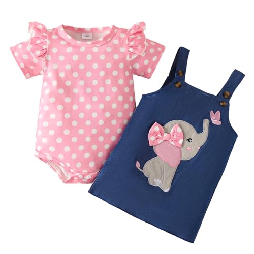 WYTbaby Baby Mädchen Kleidung Kurzarm bekleidungssets Geraffte Strampler + Elefant Jeans Sommerkleidung Baby Outfits 12-18 Monate von WYTbaby