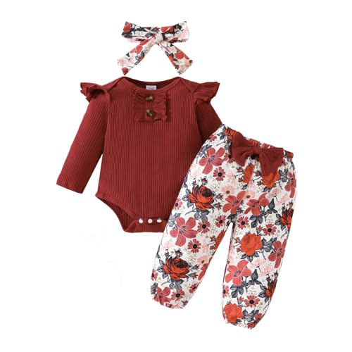 WYTbaby Babykleidung Set Baby Mädchen Langarm Body Strampler Babykleidung Set Herbst Winter Rüschen Tops+Elastische Taille Lange Hosen für Neugeborene Baby Mädchen 3-6 Monate von WYTbaby