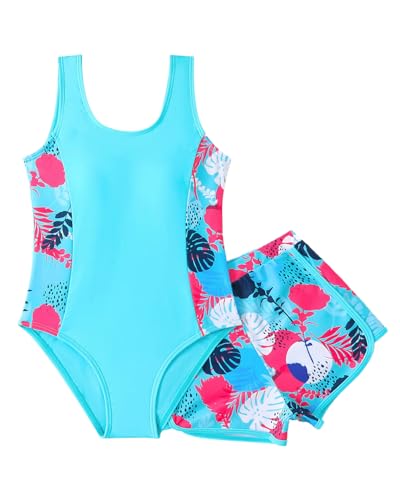 WYTbaby Badeanzug Mädche Einteiler Uv Badebekleidung ärmellose Bademode mit Shorts Tropischer Druck für Mädchen 11-12 Jahre von WYTbaby