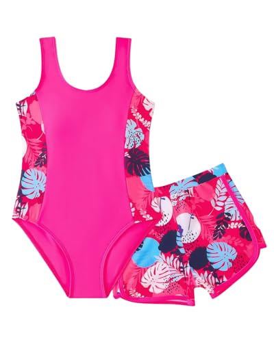 WYTbaby Badeanzug Mädche Einteiler Uv Badebekleidung ärmellose Bademode mit Shorts Tropischer Druck für Mädchen 13-14 Jahre von WYTbaby