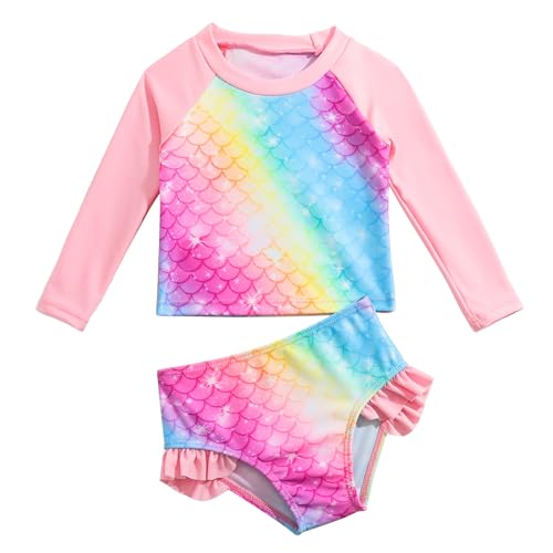 WYTbaby Badeanzug Mädchen Langarm Uv Badebekleidung Zweiteiler Uv Shirt Mädchen mit Bikinihosen Rüschen 7 Jahre von WYTbaby