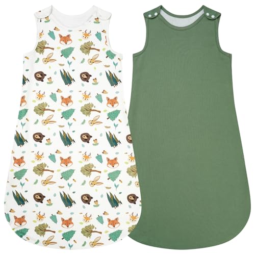 WYTbaby Schlafsack Baby Ganzjahres Ärmellos Schlafsack 1 Tog-100% Baumwolle-Seitlich ReißVerschluss Und Druckknöpfe-2er Pack Babyschlafsack für Mädchen Jungen（Dunkel Grün, 60cm von WYTbaby