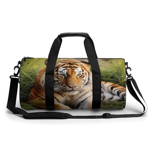 Reisetasche, Motiv: Tiger auf dem Gras, für Damen und Herren, Turnbeutel, Turnbeutel mit Schuhfach, Tiger liegt auf dem Gras, 45 cm/22,9 cm/22,9 cm/22,9 cm/22,9 cm, Tiger liegt auf dem Gras, von WYUSPGK