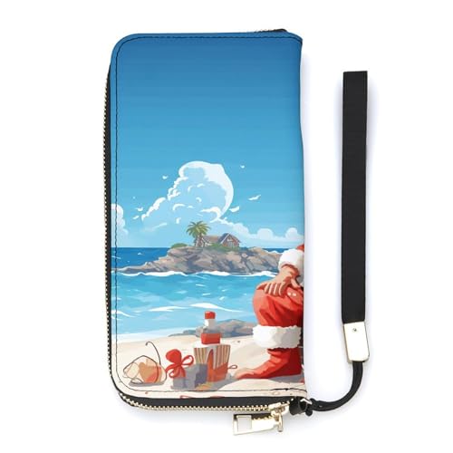 WYUSPGK Geldbörse aus PU-Leder, Motiv: Weihnachtsmann am Strand, Kartenhalter für Damen, großes Fassungsvermögen, lange Geldbörse für Damen, Handheld-Clutch, Stil, 20 x 10,5 cm, modern, Stil:, von WYUSPGK