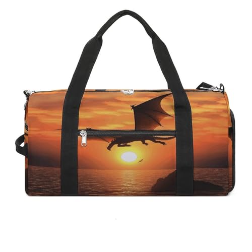 WYUSPGK Reisetasche, Sporttasche, Motiv: Meeres-Sonnenuntergang, fliegender Drache, für Damen und Herren, Turnbeutel, Turnbeutel mit Schuhfach, Meeres-Sonnenuntergang, fliegender Drache, von WYUSPGK