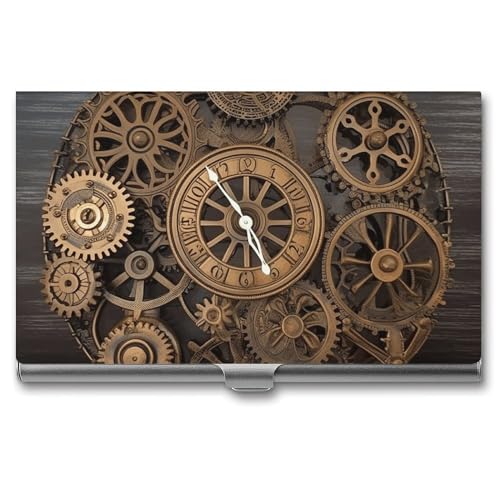 WYUSPGK Visitenkartenetui aus Metall, Steampunk-Getriebe-Uhr, Visitenkartenhalter, Tasche für Männer und Frauen, Steampunk-Ganguhr, Einheitsgröße, Steampunk Gears Clock, Einheitsgröße von WYUSPGK