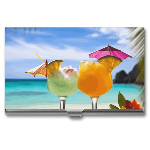 WYUSPGK Visitenkartenetui aus Metall, tropischer Strand-Druck, Visitenkartenhalter, Etui für Männer und Frauen, tropische Strandgetränke, Einheitsgröße, Tropical Beach Drink, Einheitsgröße von WYUSPGK