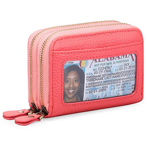 WYUYIWH Damen Geldbörse RFID blockierendes Leder kleine Doppelfalt-Reißverschluss-Tasche Brieftasche kompakte Kartenetui Handtasche mit ID-Fenster, A26 rosa rot, A26 rosa rot, A26 Pink Red von WYUYIWH