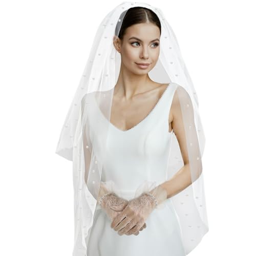 Brautschleier mit 1 Paar Spitze, kurze Tüll-Handschuhe, durchscheinende Perlen-Handschuhe von WYVAS