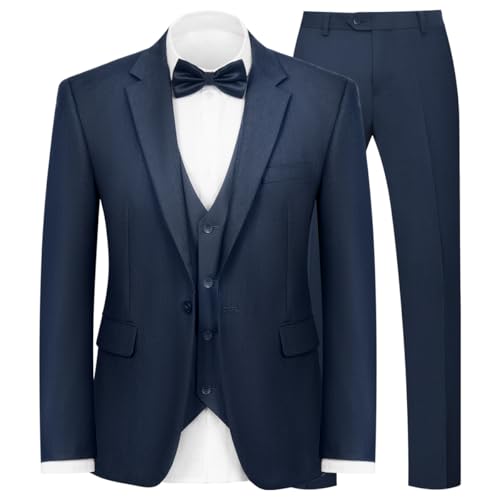 WYWK 3-teiliger Herrenanzug für Herren, schmale Passform, Ein-Knopf-Blazer, Jacke, Weste, Hose, Set, Bankett, Abschlussball, Hochzeit, Business Party, Marineblau, L von WYWK